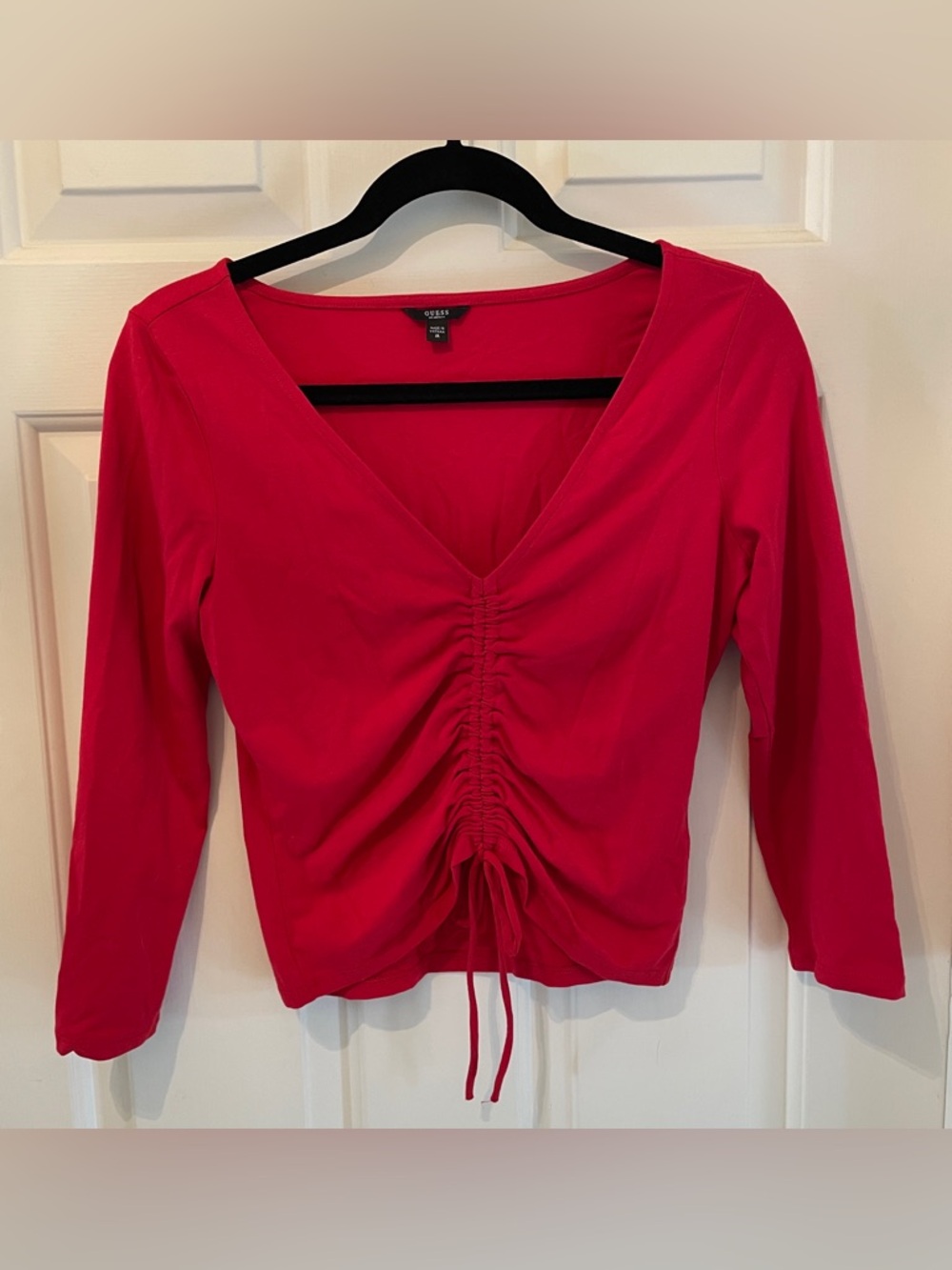 GUESS Red V-Neck Ruched Drawstring Top - Picture 1 of 10